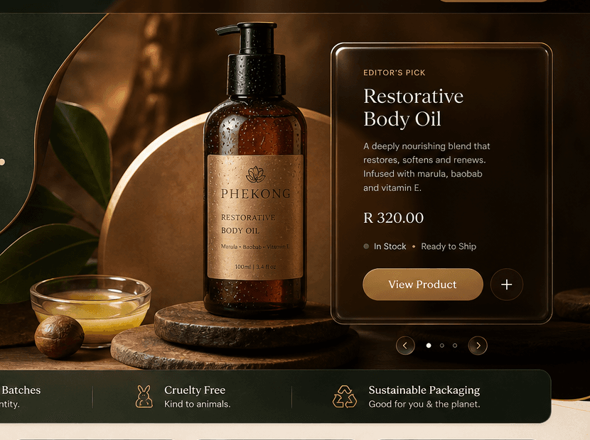Phekong restorative body oil arranged with ritual ingredients on a dark surface.