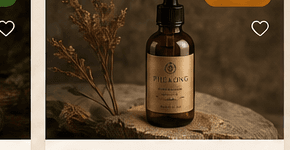 An amber dropper bottle of hair oil on a stone pedestal with dried botanicals.