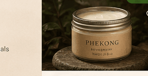 A creamy shea butter jar on a stone pedestal with botanical leaves.